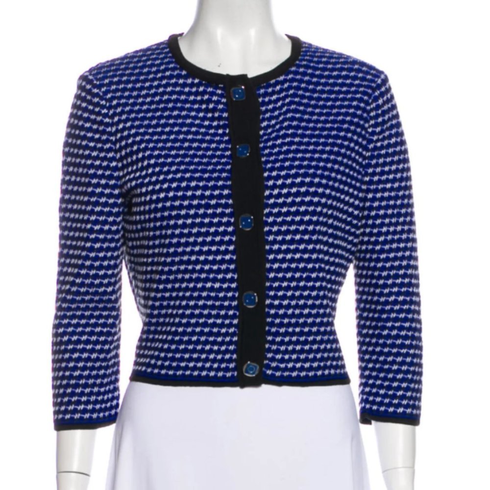 St. John Blue Button-Up Striped Crewneck Sweater